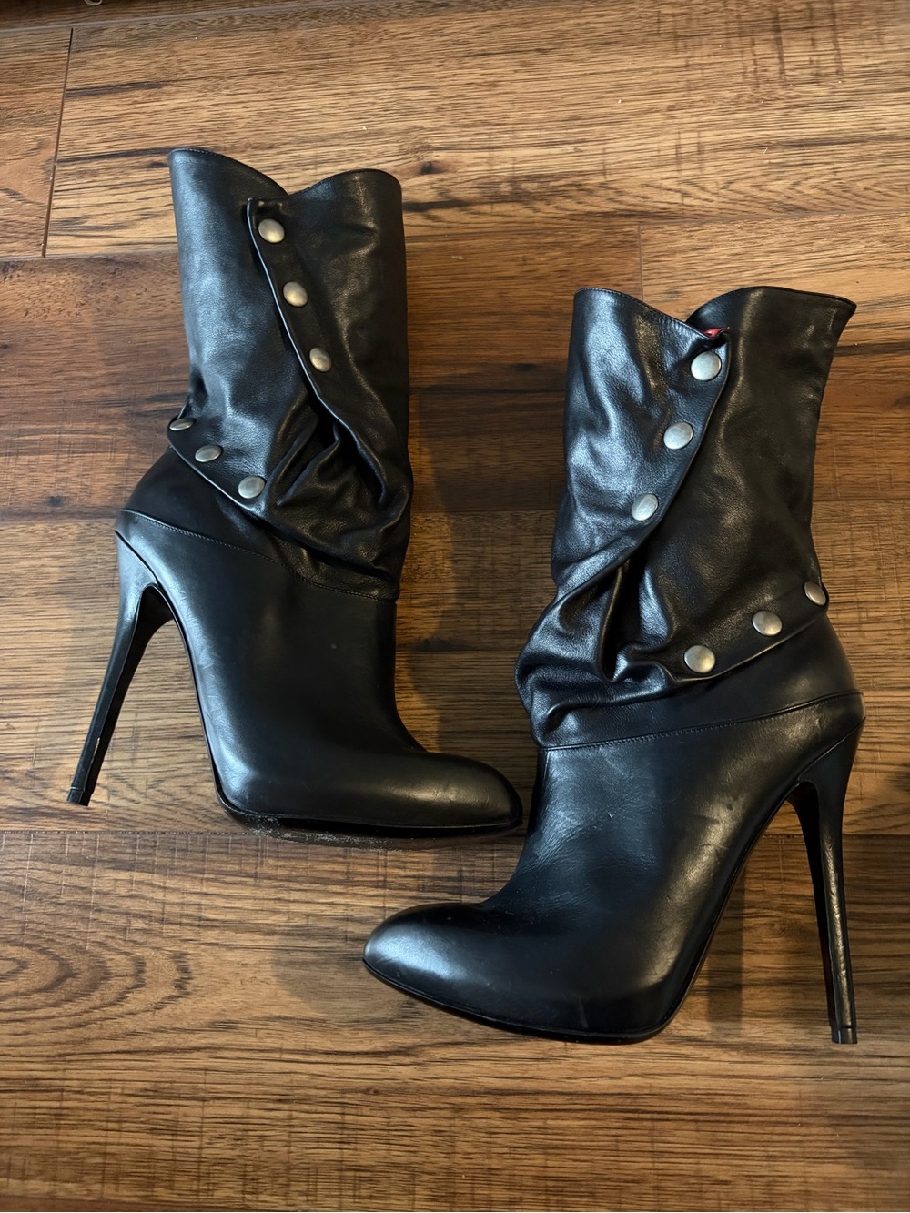 Alexander McQueen Black Leather Stud Detail Calf Length Boots Size 38.5